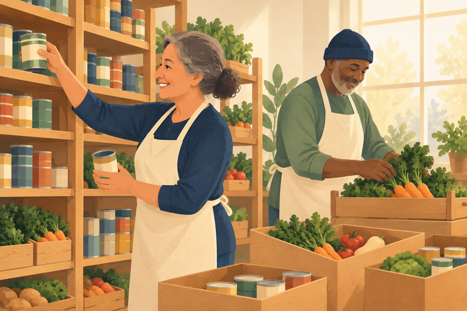 An illustrated scene of two volunteers sorting cans and fresh produce onto pantry shelves