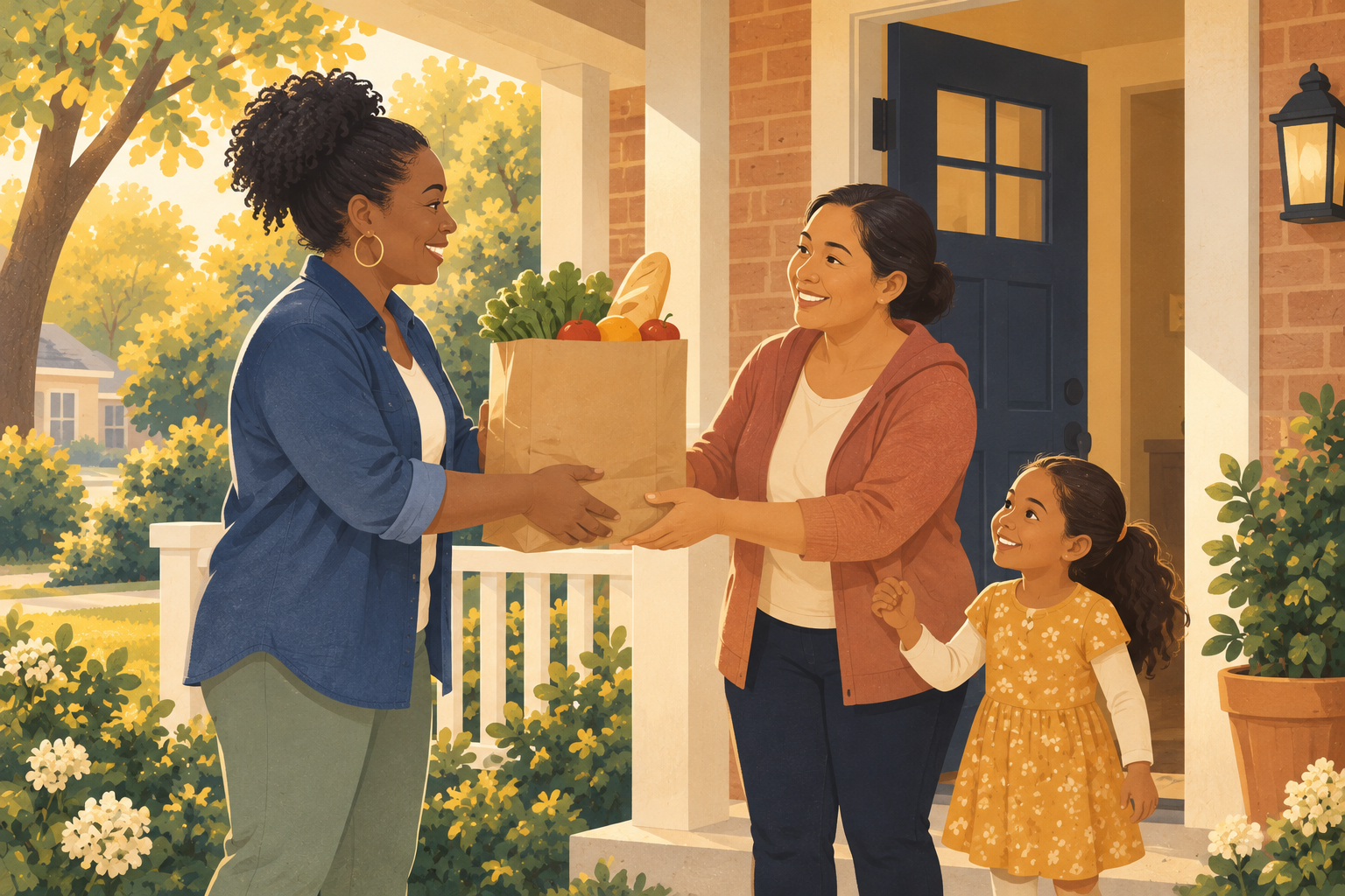 An illustrated scene of a volunteer handing a bag of groceries to a parent at the door of their home, a child beside them