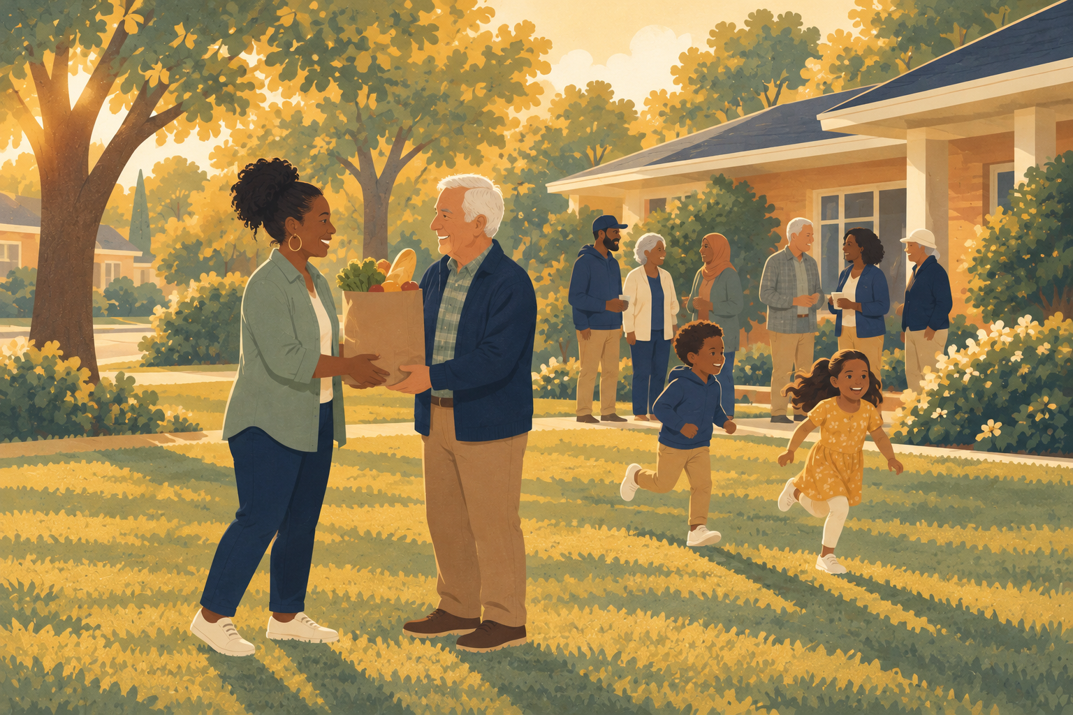 An illustrated scene of a neighbor handing a bag of fresh produce to an older man on a lawn while children play nearby